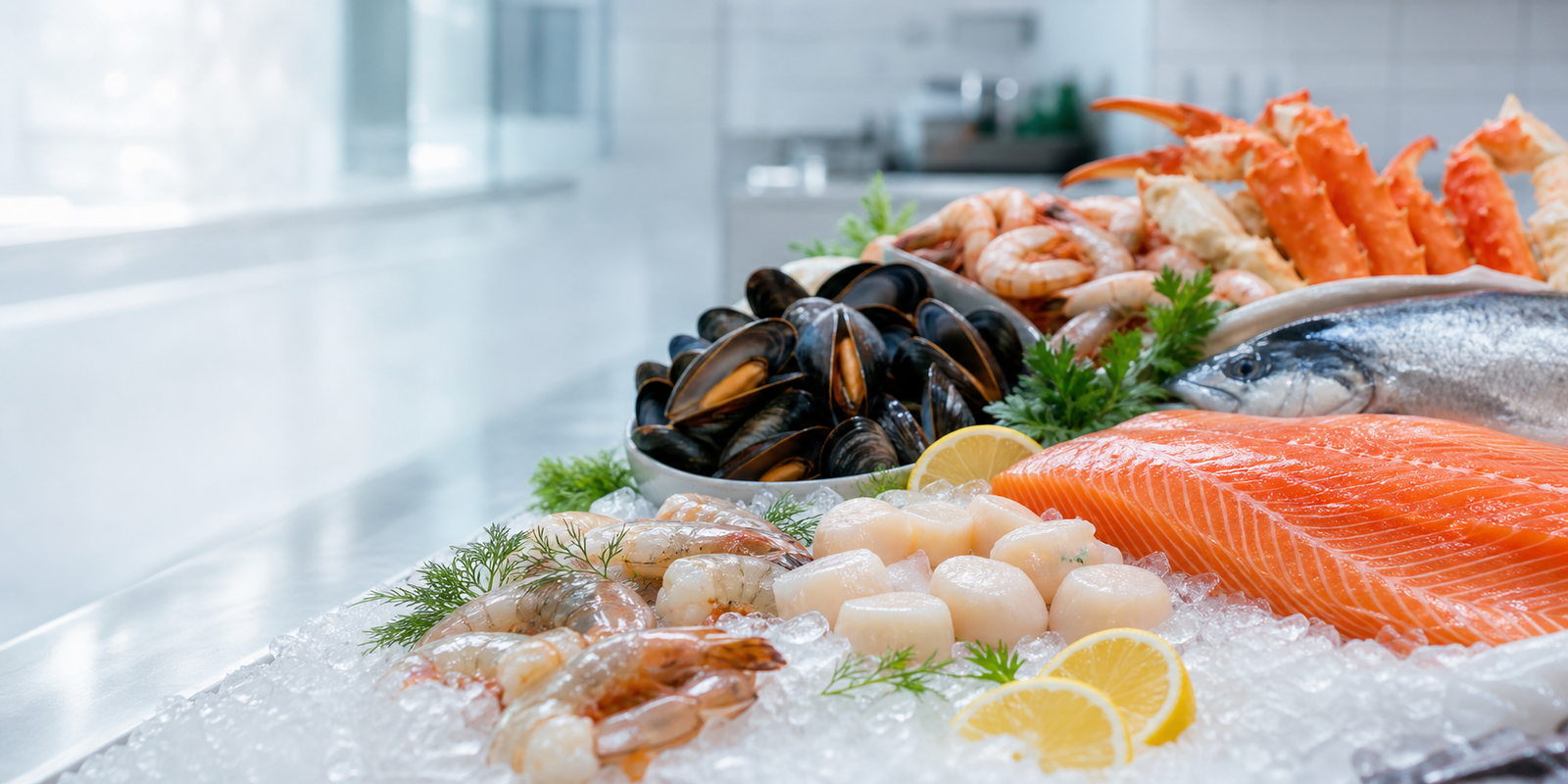 Ассортимент рыбы и морепродуктов на льду